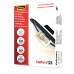 Fellowes | Laminating Pouch - 65x95mm | Glossy | Ideal for identity cards, credit cards, business cards and visitor cards; Capture 125 Micron thickness - providing an advanced level of document protection; Pack size of 100; Compatible with all laminator brands