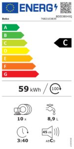 BEKO Dishwasher | BDIS38040Q | Built-in | Width 45 cm | Number of place settings 10 | Number of programs 8 | Energy efficiency class C | Display | White - Image 7
