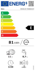 BEKO Dishwasher | DIS46120 | Built-in | Width 45 cm | Number of place settings 11 | Number of programs 6 | Energy efficiency class E | Display | White - Image 5